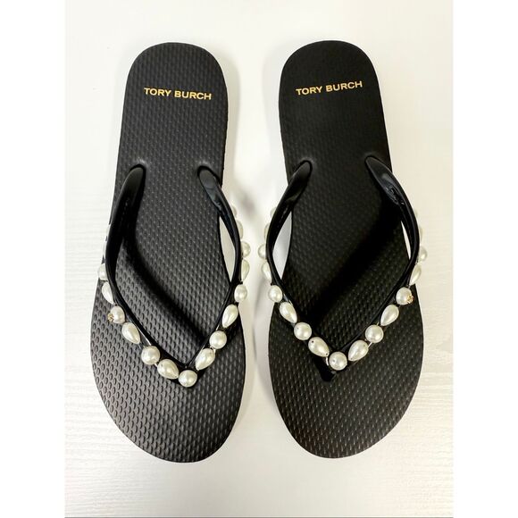 Tory Burch Pearl Embellished Flip Flop Sandals Logo 8 Black - Picture 1 of 5